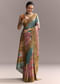 Blue Cotton Saree With Hand Painted Motifs And Brown Border