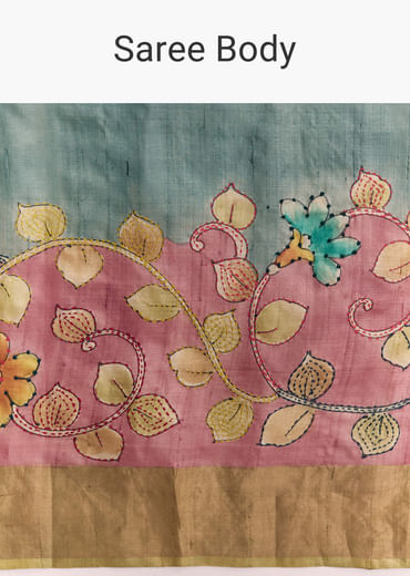 Blue Cotton Saree With Hand Painted Motifs And Brown Border