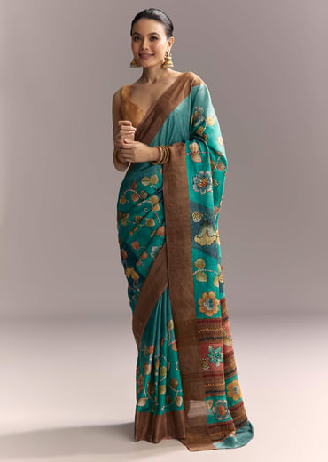 Blue Cotton Silk Hand Painted Saree With Brown Border Blue Cotton Silk Hand Painted Saree With Brown Border