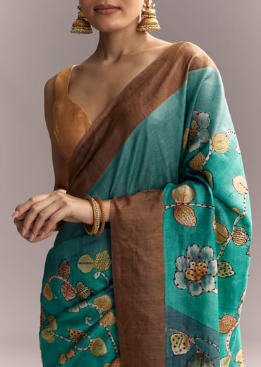 Blue Cotton Silk Hand Painted Saree With Brown Border Blue Cotton Silk Hand Painted Saree With Brown Border