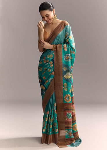 Blue Cotton Silk Hand Painted Saree With Brown Border Blue Cotton Silk Hand Painted Saree With Brown Border