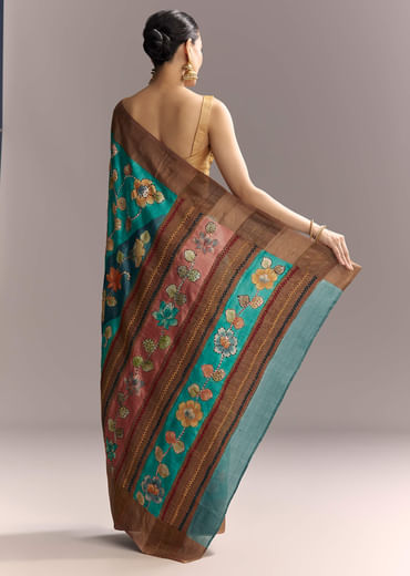 Blue Cotton Silk Hand Painted Saree With Brown Border Blue Cotton Silk Hand Painted Saree With Brown Border