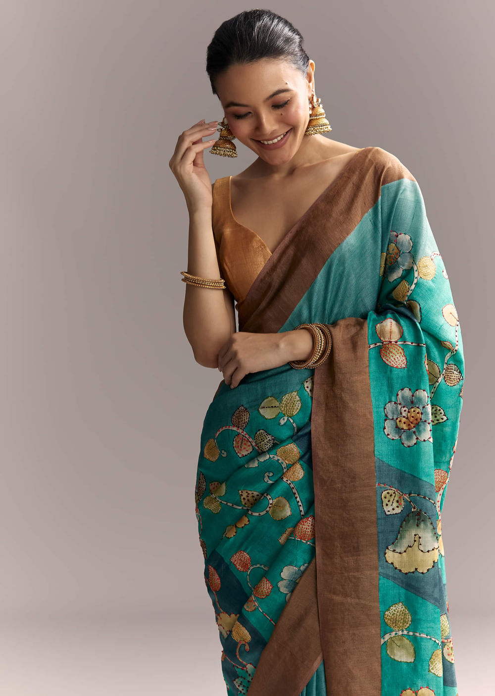 Blue Cotton Silk Hand Painted Saree With Brown Border