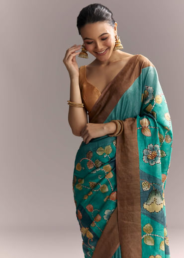 Blue Cotton Silk Hand Painted Saree With Brown Border Blue Cotton Silk Hand Painted Saree With Brown Border