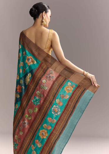 Blue Cotton Silk Hand Painted Saree With Brown Border Blue Cotton Silk Hand Painted Saree With Brown Border