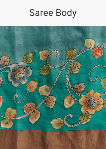 Blue Cotton Silk Hand Painted Saree With Brown Border Blue Cotton Silk Hand Painted Saree With Brown Border