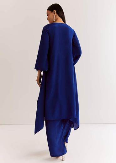 Blue Crepe Kurta Set With Silver Zardosi And Asymmetrical Cut