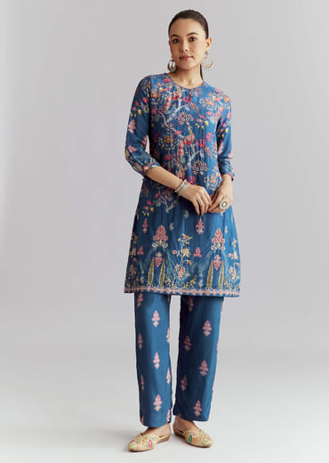 Blue Crepe Printed Co Ord Set With Sequins And Beads Work