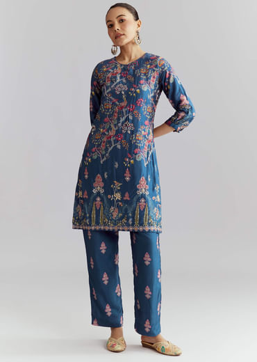 Blue Crepe Printed Co Ord Set With Sequins And Beads Work