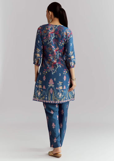 Blue Crepe Printed Co Ord Set With Sequins And Beads Work