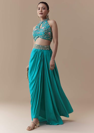 Blue Crepe Silk Crop Top Skirt Set with Embroidered Detail