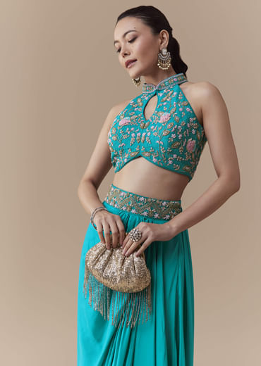 Blue Crepe Silk Crop Top Skirt Set with Embroidered Detail