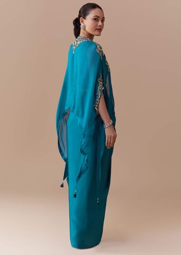 Blue Crop Top Skirt Set with Sequin Cape