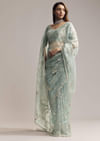 Blue Crush Tissue Saree With Heavy Floral Embroidery