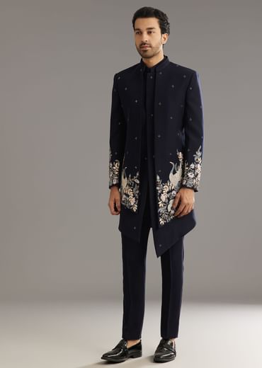 Blue Cutdana Embroidered Indo Western Set With Bird And Floral Motif