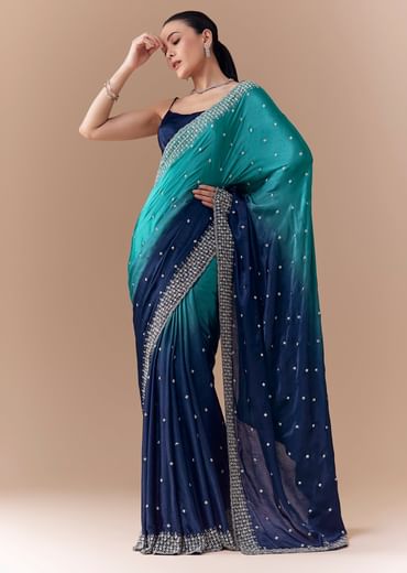 Blue Dual Shaded Embellished Saree with Blouse Fabric