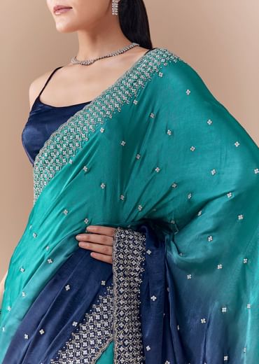 Blue Dual Shaded Embellished Saree with Blouse Fabric