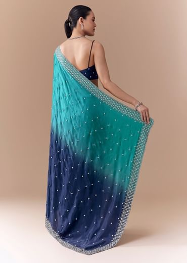 Blue Dual Shaded Embellished Saree with Blouse Fabric