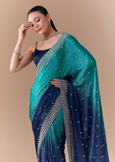 Blue Dual Shaded Embellished Saree with Blouse Fabric