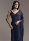 Blue Embellished Chinon Saree With Floral Threadwork