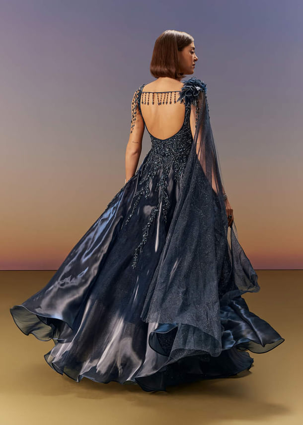 Blue Embroidered Gown With Asymmetric Shoulder Cape Blue Embroidered Gown With Asymmetric Shoulder Cape