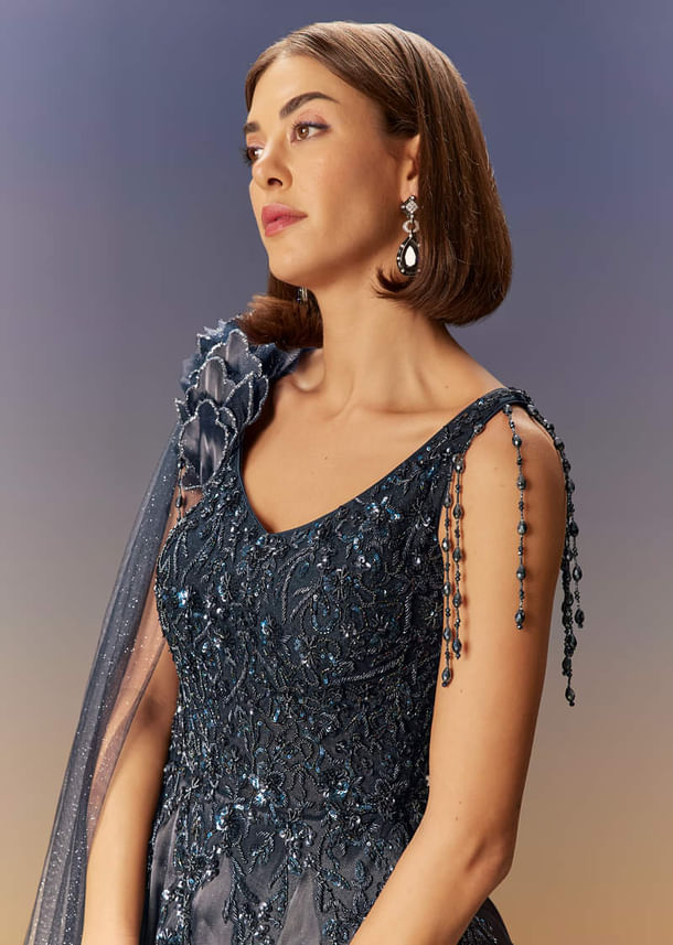 Blue Embroidered Gown With Asymmetric Shoulder Cape Blue Embroidered Gown With Asymmetric Shoulder Cape
