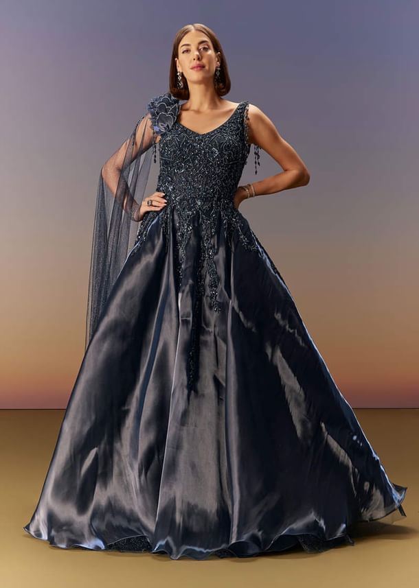 Blue Embroidered Gown With Asymmetric Shoulder Cape Blue Embroidered Gown With Asymmetric Shoulder Cape