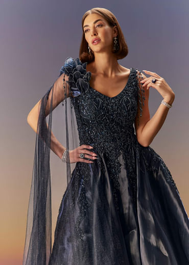 Blue Embroidered Gown With Asymmetric Shoulder Cape