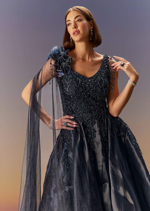 Blue Embroidered Gown With Asymmetric Shoulder Cape Blue Embroidered Gown With Asymmetric Shoulder Cape
