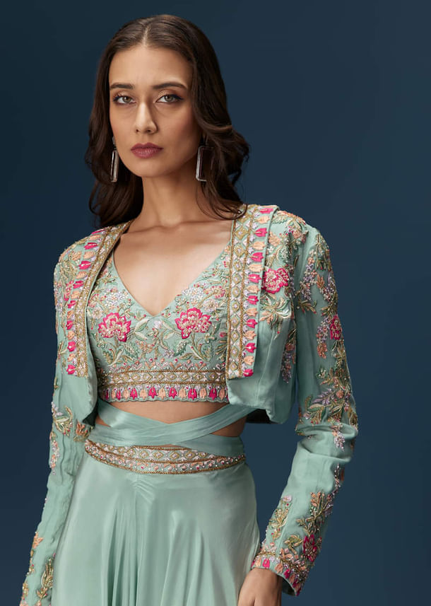 Blue Embroidered Palazzo Set With Coordinated Jacket And Blouse Blue Embroidered Palazzo Set With Coordinated Jacket And Blouse
