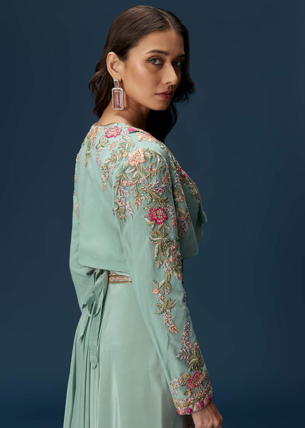 Blue Embroidered Palazzo Set With Coordinated Jacket And Blouse Blue Embroidered Palazzo Set With Coordinated Jacket And Blouse