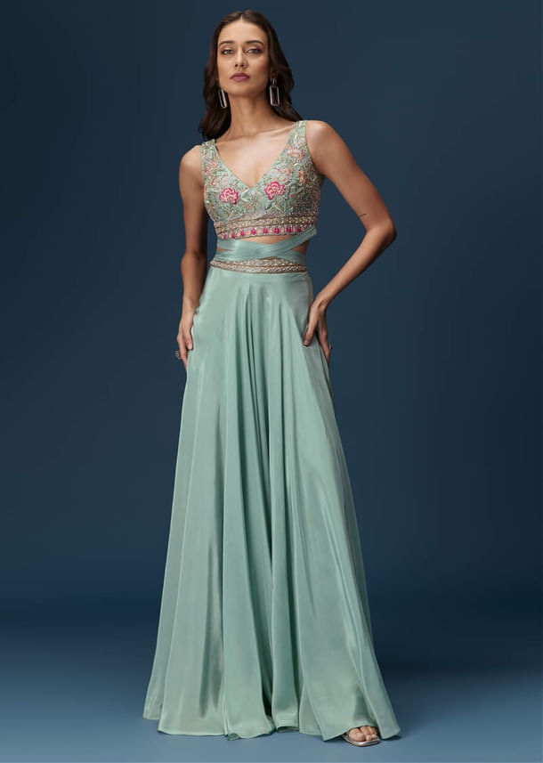 Blue Embroidered Palazzo Set With Coordinated Jacket And Blouse Blue Embroidered Palazzo Set With Coordinated Jacket And Blouse