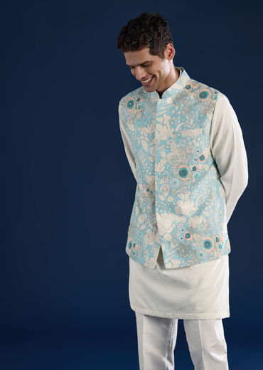 Blue Floral Print Silk Jacket Kurta Set