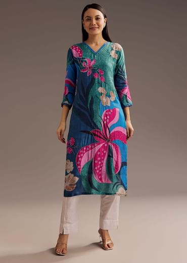 Blue Green Floral Print Beads Embellished Crepe Kurta