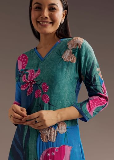 Blue Green Floral Print Beads Embellished Crepe Kurta