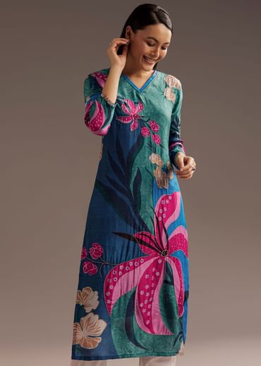 Blue Green Floral Print Beads Embellished Crepe Kurta