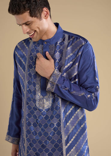 Blue Handwoven Jacquard Silk Mens Kurta and Pant Set