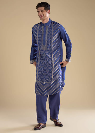 Blue Handwoven Jacquard Silk Mens Kurta and Pant Set
