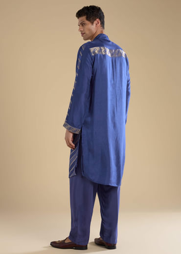Blue Handwoven Jacquard Silk Mens Kurta and Pant Set