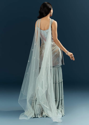 Blue Imported Net Sharara Suit With Cutdana Embroidery