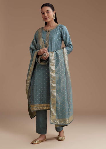 Blue Jacquard Weave Silk Kurta Set with Zardosi