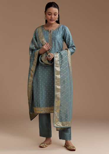 Blue Jacquard Weave Silk Kurta Set with Zardosi