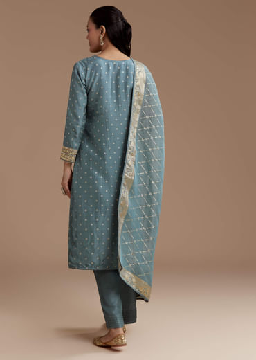 Blue Jacquard Weave Silk Kurta Set with Zardosi