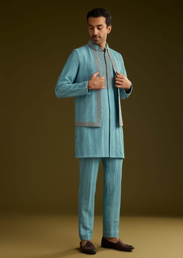 Blue Knit Kurta Jacket Set With Moti Work
