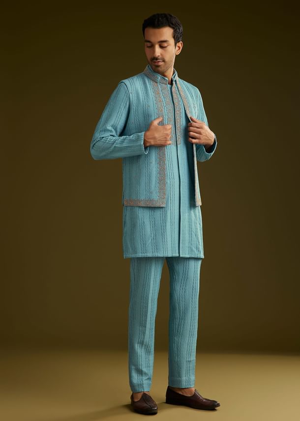 Blue Knit Kurta Jacket Set With Moti Work