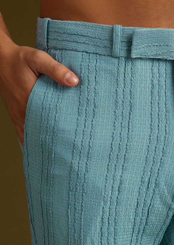 Blue Knit Kurta Jacket Set With Moti Work