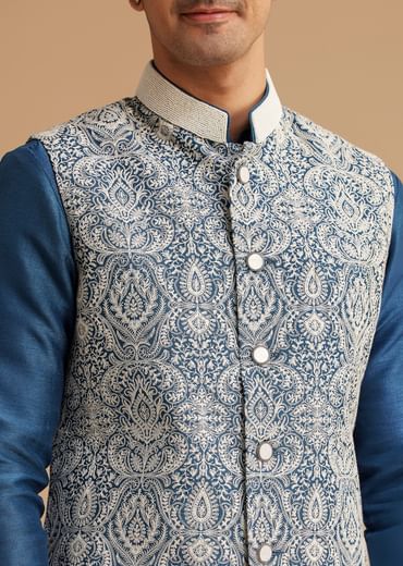Blue Kurta Jacket Set With Resham Embroidery And Handworked Collar