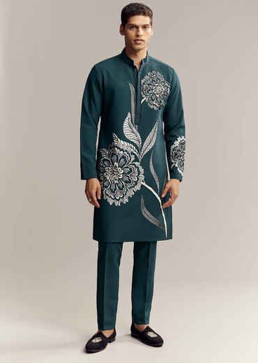 Blue Kurta Set For Men With Floral Print And Beads Work On Suiting Fabric Blue Kurta Set For Men With Floral Print And Beads Work On Suiting Fabric