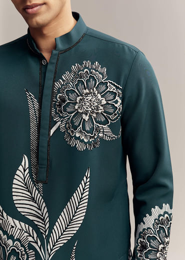 Blue Kurta Set For Men With Floral Print And Beads Work On Suiting Fabric Blue Kurta Set For Men With Floral Print And Beads Work On Suiting Fabric