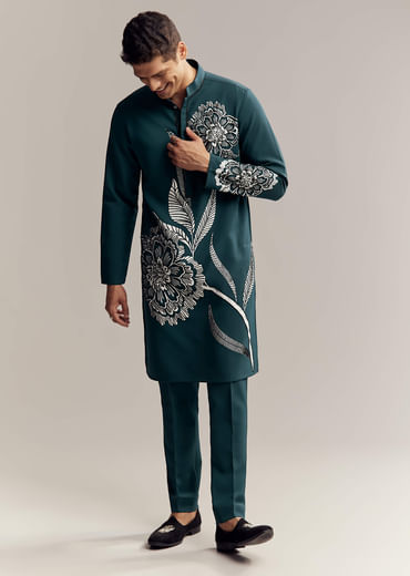 Blue Kurta Set For Men With Floral Print And Beads Work On Suiting Fabric Blue Kurta Set For Men With Floral Print And Beads Work On Suiting Fabric